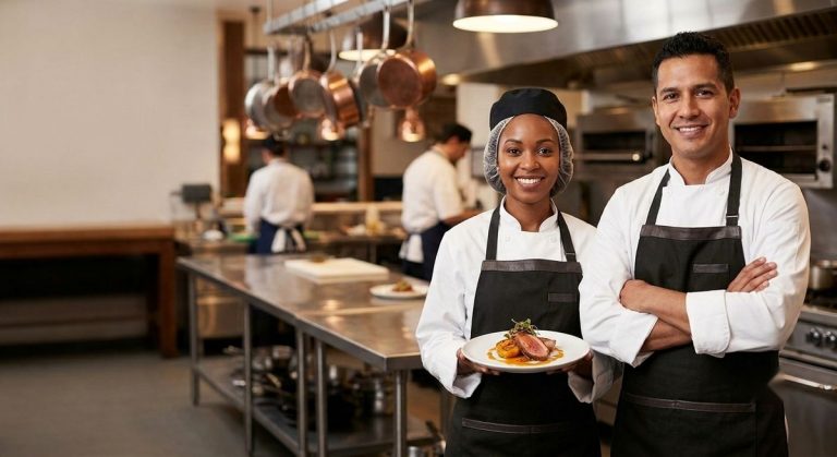 Chefs in chef coats and aprons