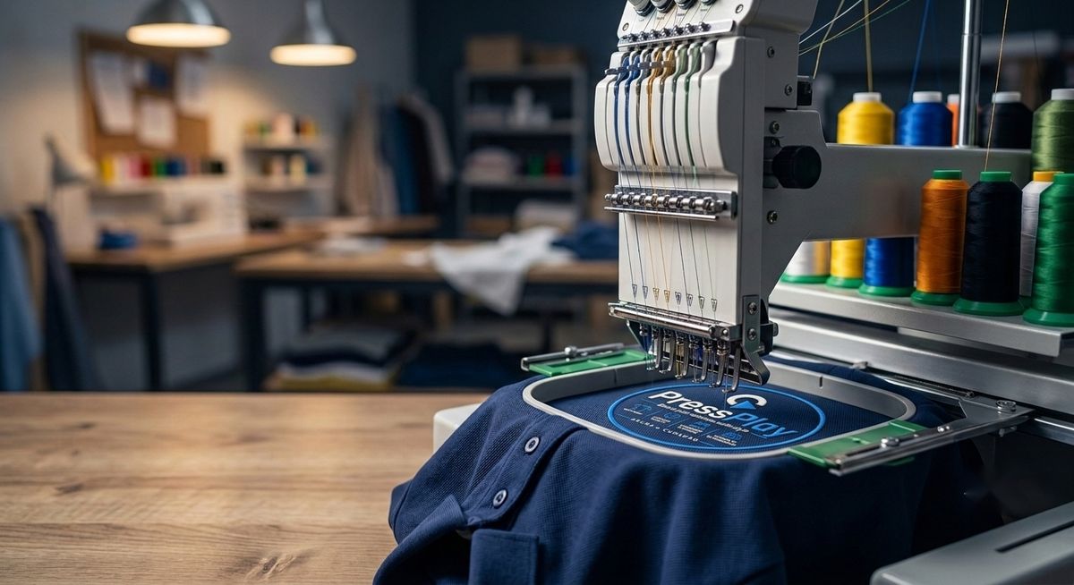 Embroidery machine stitching a logo onto a uniform