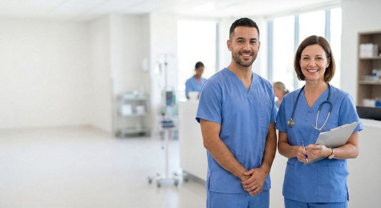 Healthcare staff in scrubs