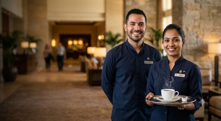 Hotel staff in branded uniforms