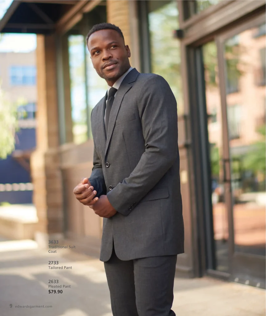 Edwards men’s traditional suit coat 3633 with tailored pant 2733 and pleated pant 2633