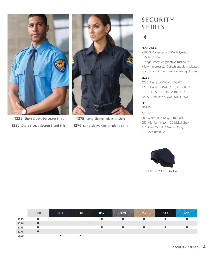 Edwards Security Shirts 1225, 1226, 1275, 1276 with clip-on tie