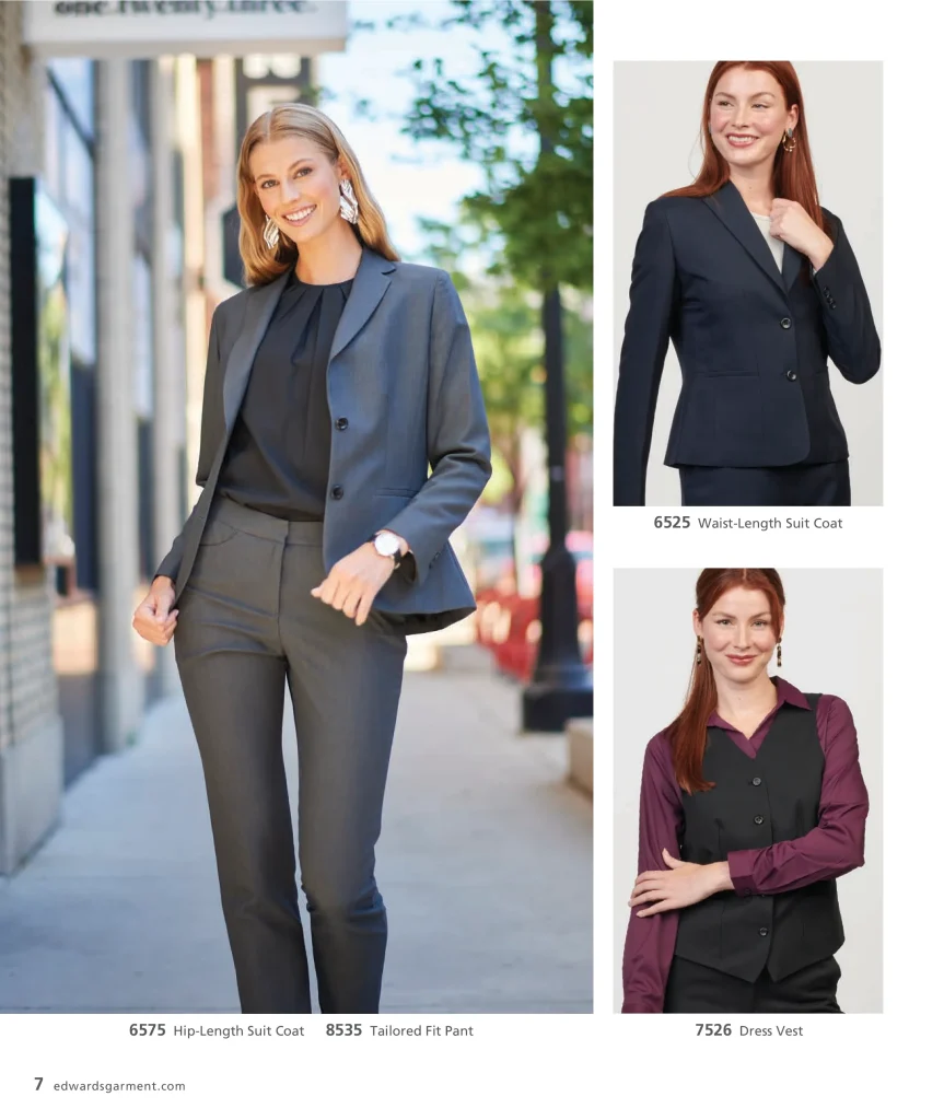 Edwards ladies’ Synergy suit coats 6525 and 6575, pant 8535 and dress vest 7526