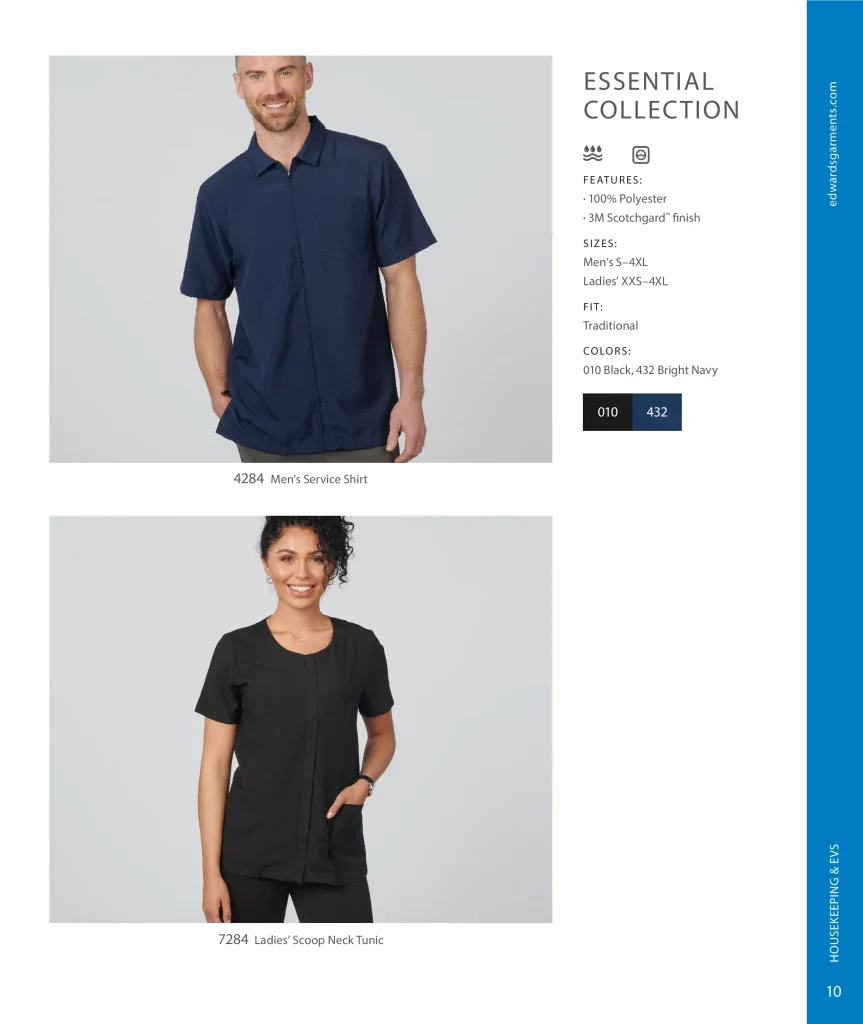 Edwards Essential Collection: men’s service shirt 4284 and ladies’ scoop neck tunic 7284