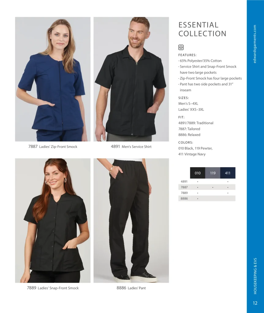 Edwards Essential Collection: zip-front smock 7887, service shirt 4891, snap-front smock 7889 and pant 8886