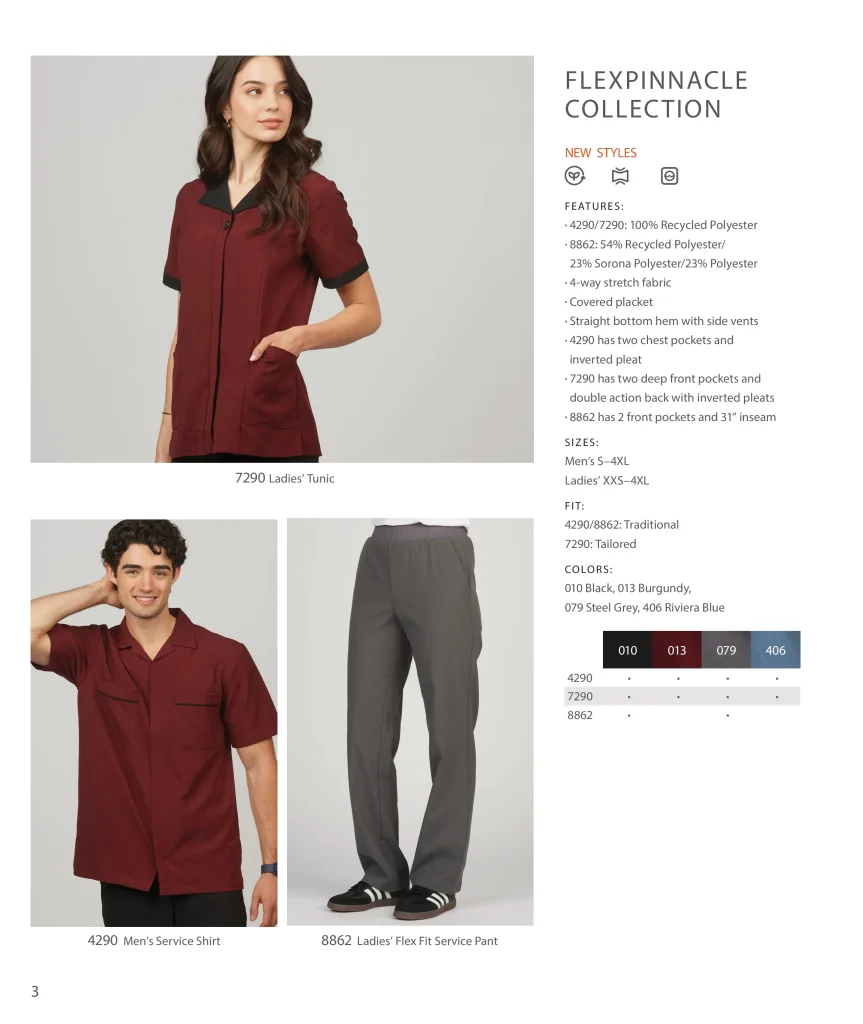 Edwards FlexPinnacle Collection: ladies’ tunic 7290, men’s service shirt 4290 and flex fit pant 8862