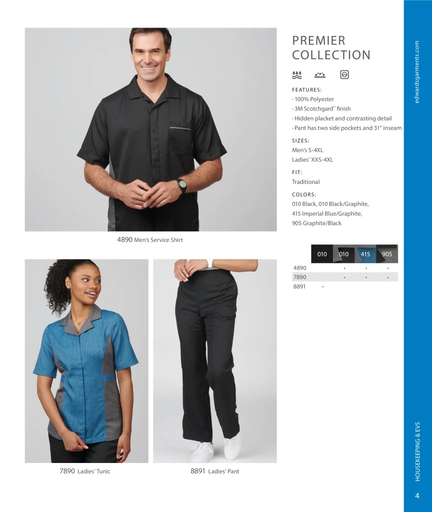 Edwards Premier Collection: men’s service shirt 4890, ladies’ tunic 7890 and pant 8891