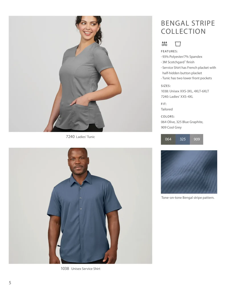Edwards Bengal Stripe Collection: ladies’ tunic 7240 and unisex service shirt 1038