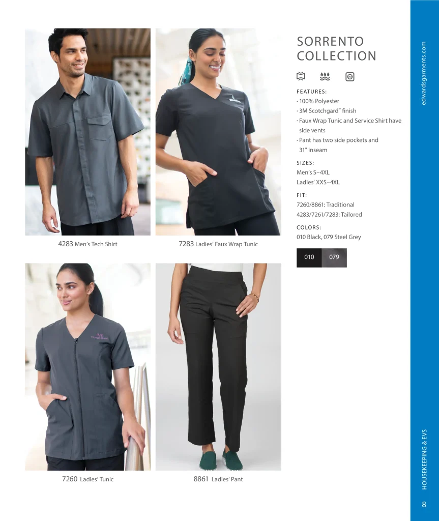Edwards Sorrento Collection: tech shirt 4283, faux wrap tunic 7283, tunic 7260 and pant 8861
