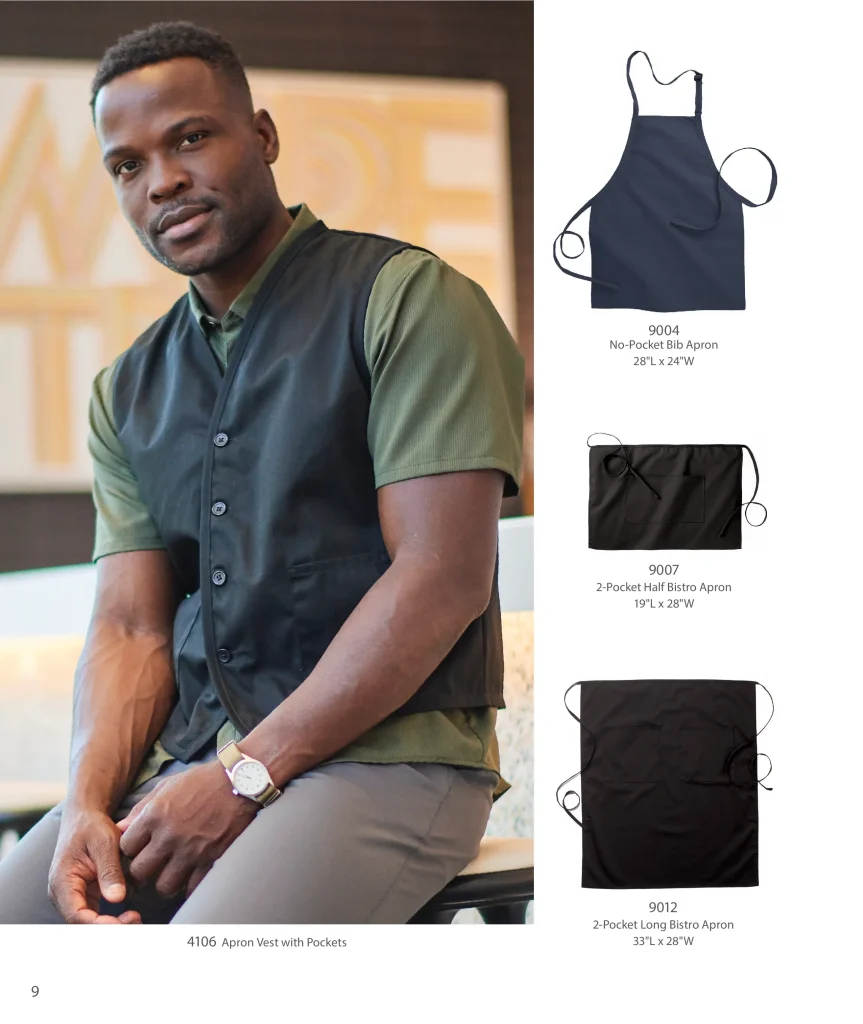 Edwards no-pocket bib apron 9004, bistro aprons 9007, 9012 and apron vest 4106