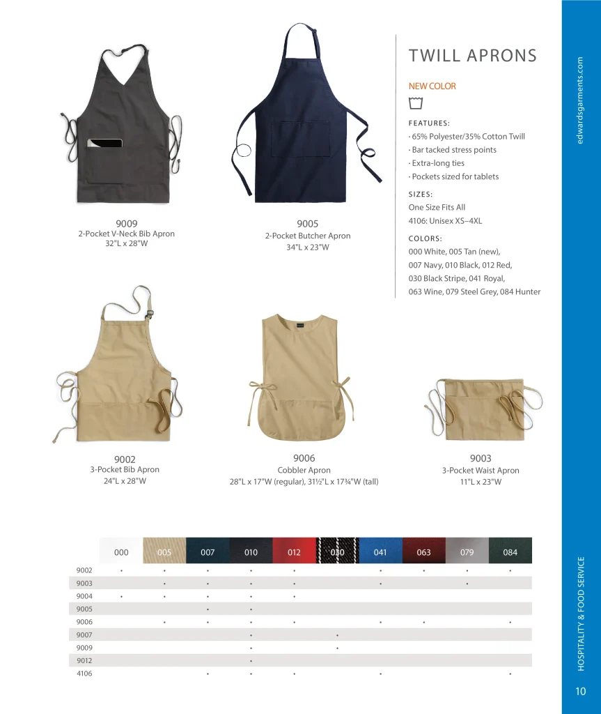 Edwards Twill Aprons with color chart: 9002, 9003, 9005, 9006, 9009