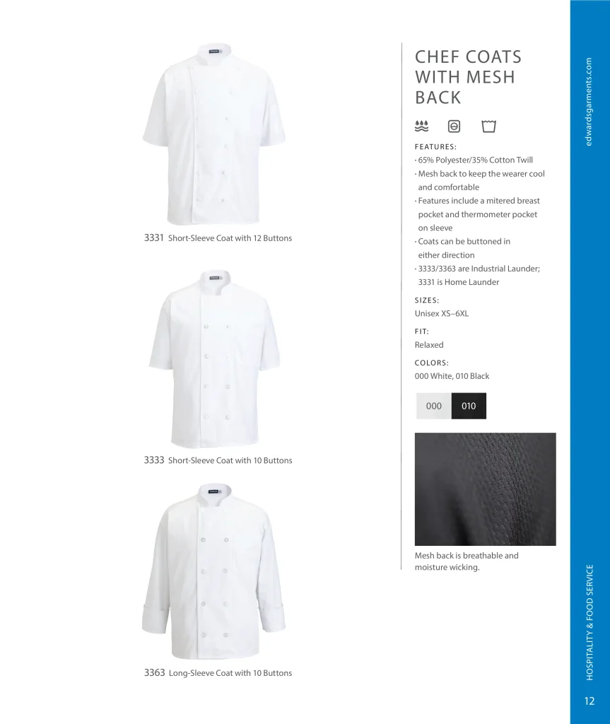 Edwards Chef Coats with Mesh Back: 3331, 3333, 3363