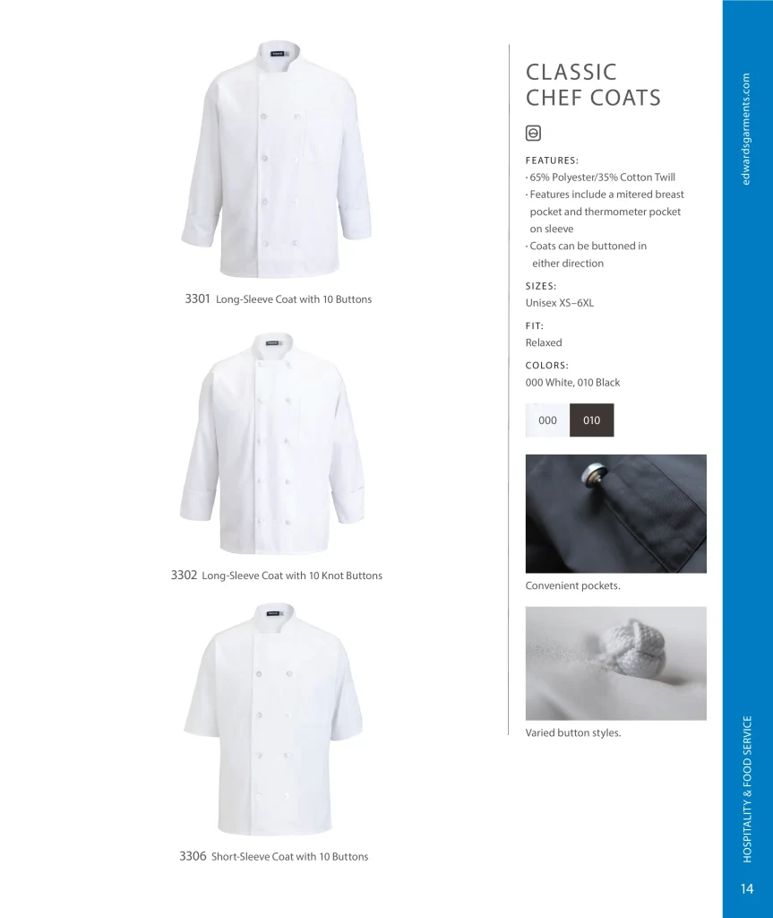 Edwards Classic Chef Coats: 3301, 3302, 3306