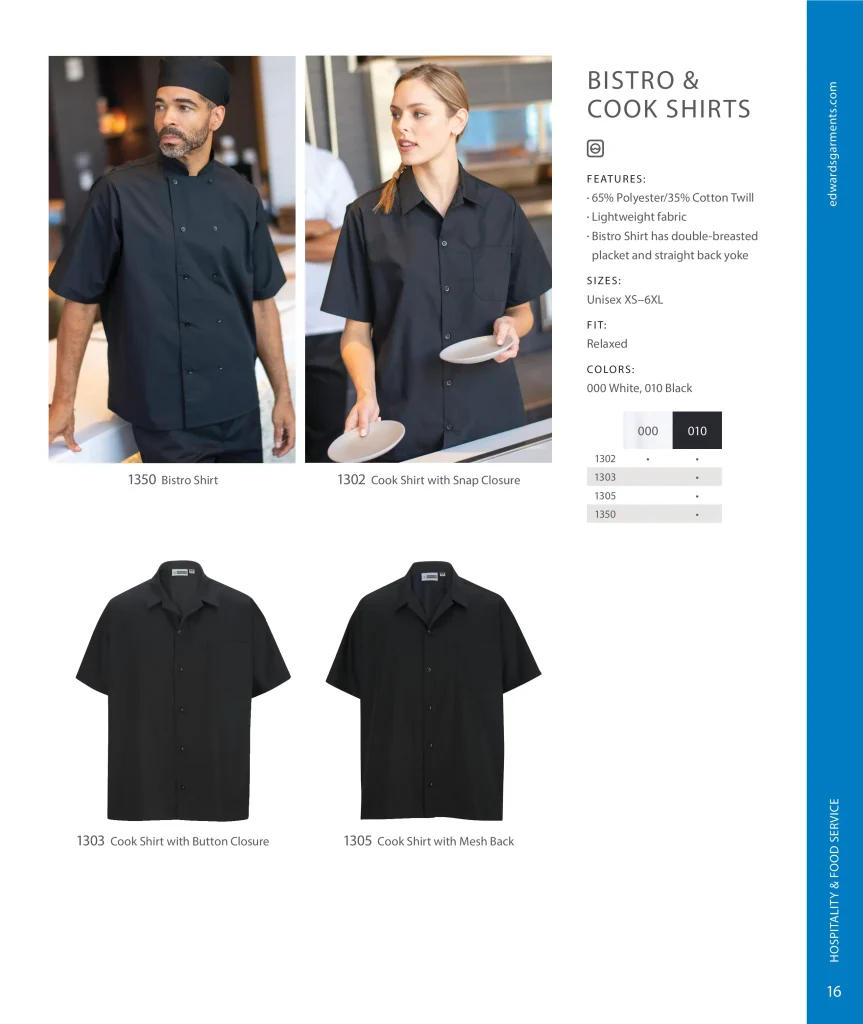 Edwards Bistro and Cook Shirts: 1350, 1302, 1303, 1305