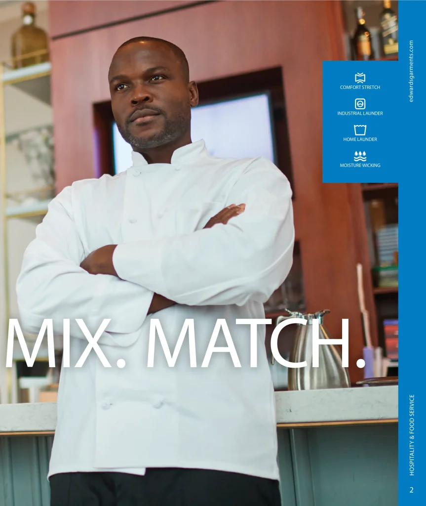 Edwards hospitality uniforms with fabric feature icons, Mix. Match.