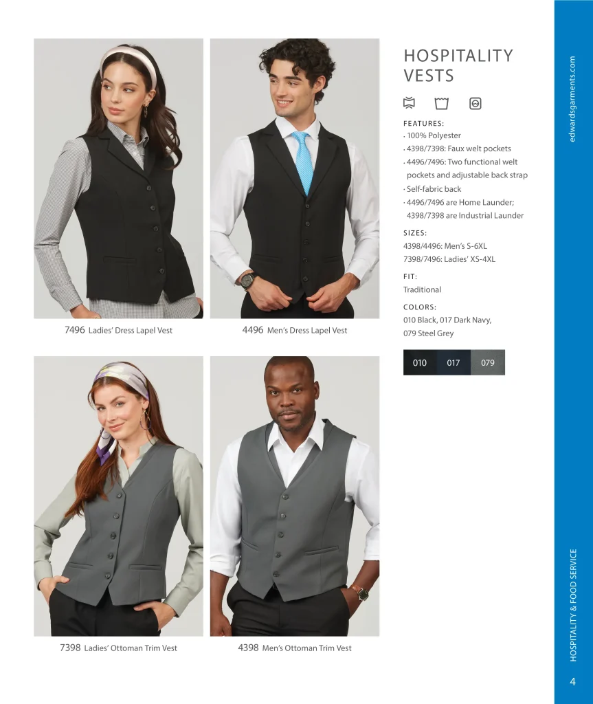 Edwards Hospitality Vests: dress lapel vests 4496, 7496 and ottoman trim vests 4398, 7398