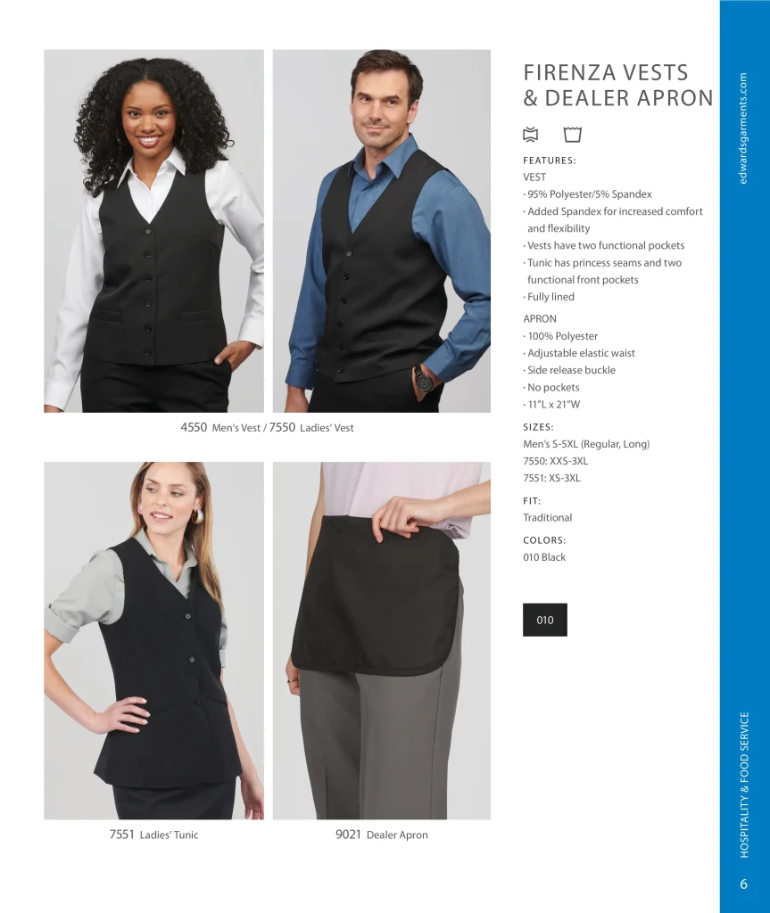 Edwards Firenza Vests 4550, 7550, tunic 7551 and dealer apron 9021