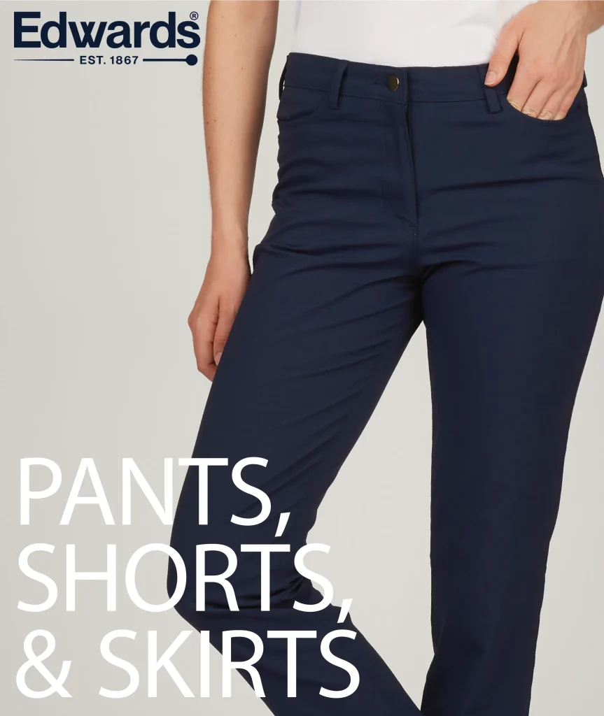Edwards Pants, Shorts & Skirts catalog cover: woman in navy stretch pants