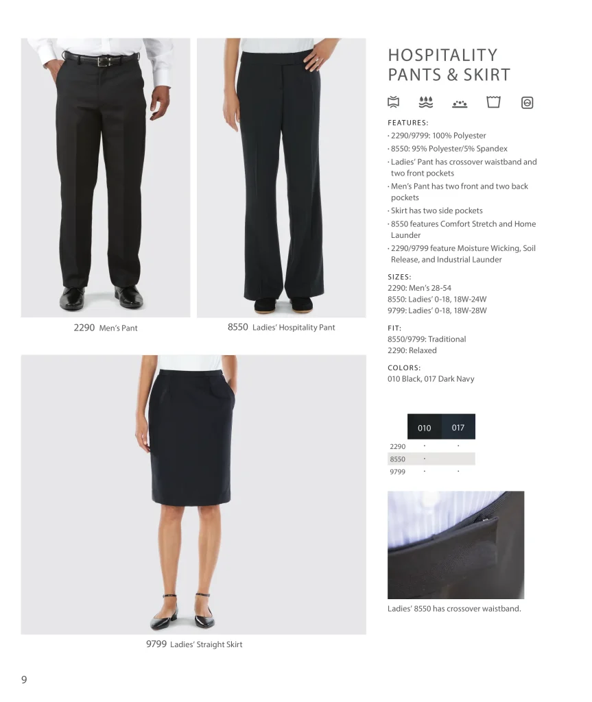 Edwards Hospitality Pants & Skirt: men's pant 2290, ladies' hospitality pant 8550 and straight skirt 9799