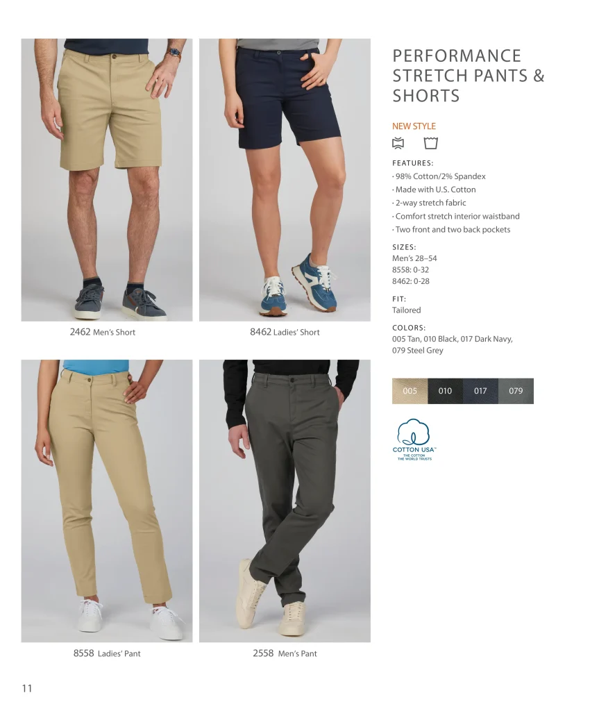 Edwards Performance Stretch Pants & Shorts made with U.S. cotton: 2462, 8462, 8558, 2558