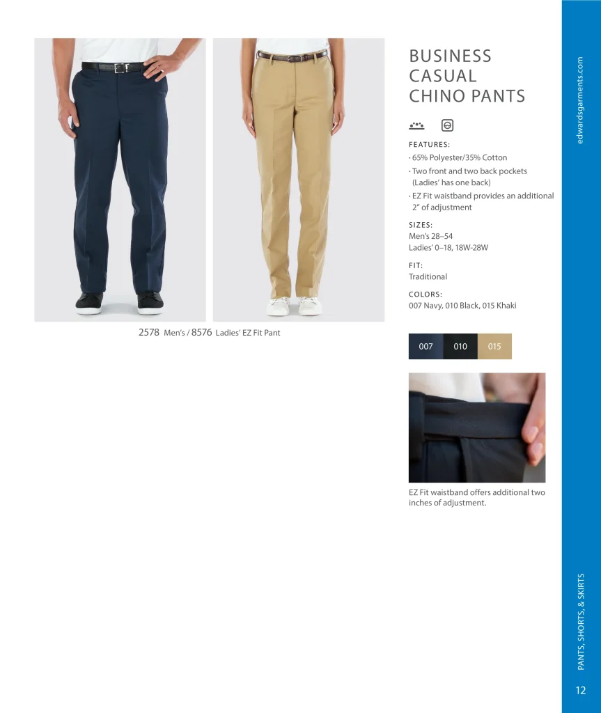 Edwards Business Casual Chino Pants: men's 2578 and ladies' 8576 EZ Fit pants in navy and khaki