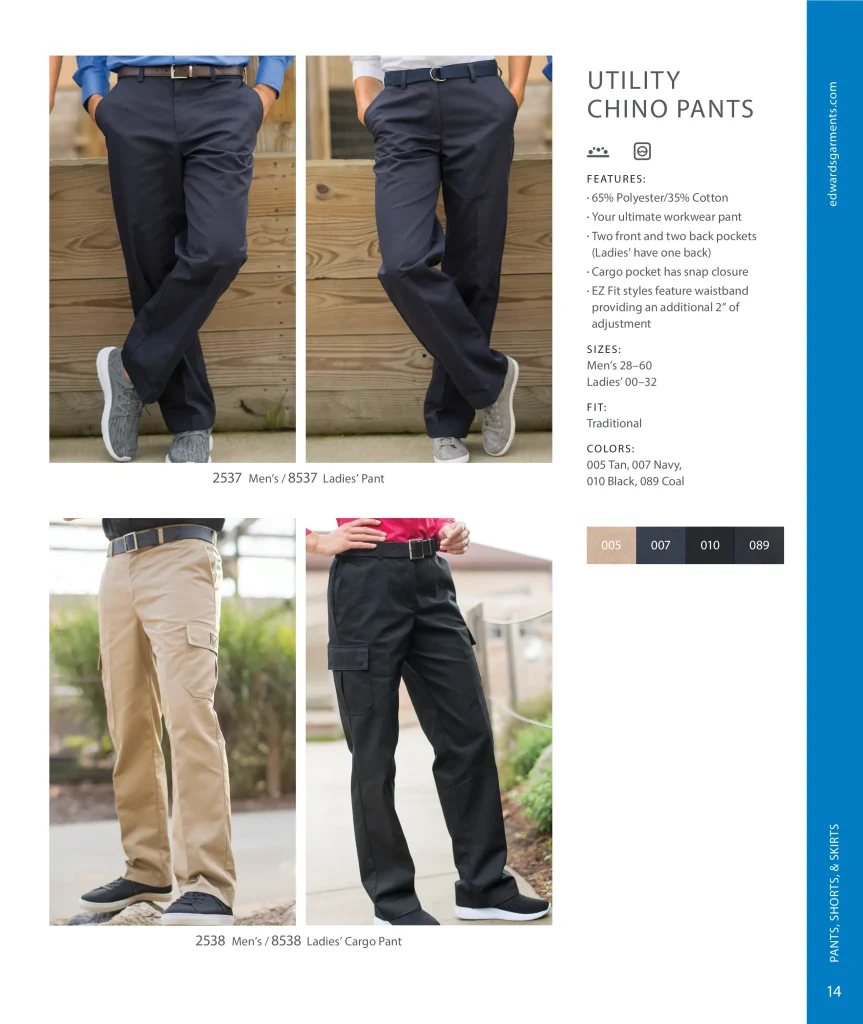 Edwards Utility Chino Pants: men's and ladies' pants 2537, 8537 and cargo pants 2538, 8538
