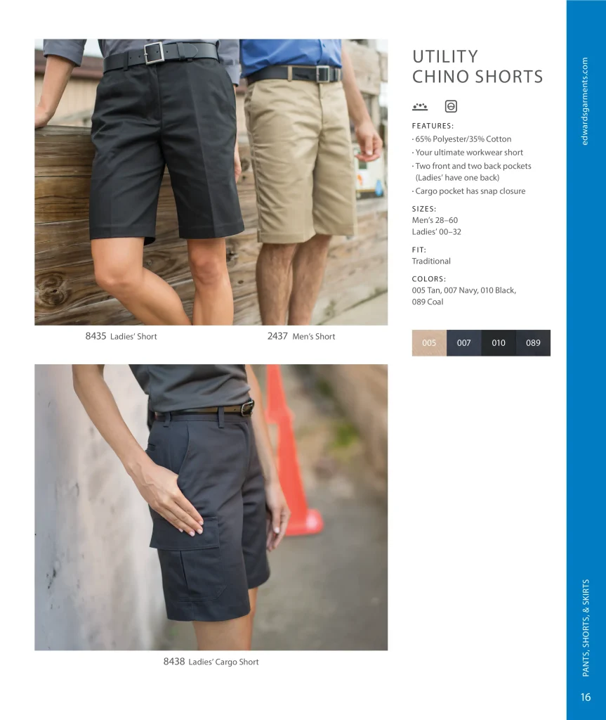 Edwards Utility Chino Shorts: ladies' short 8435, men's short 2437 and ladies' cargo short 8438
