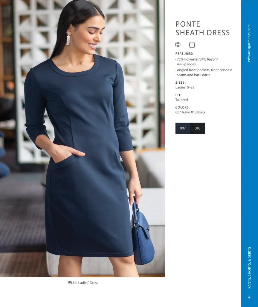 Woman in a navy Edwards Ponte Sheath Dress 9935