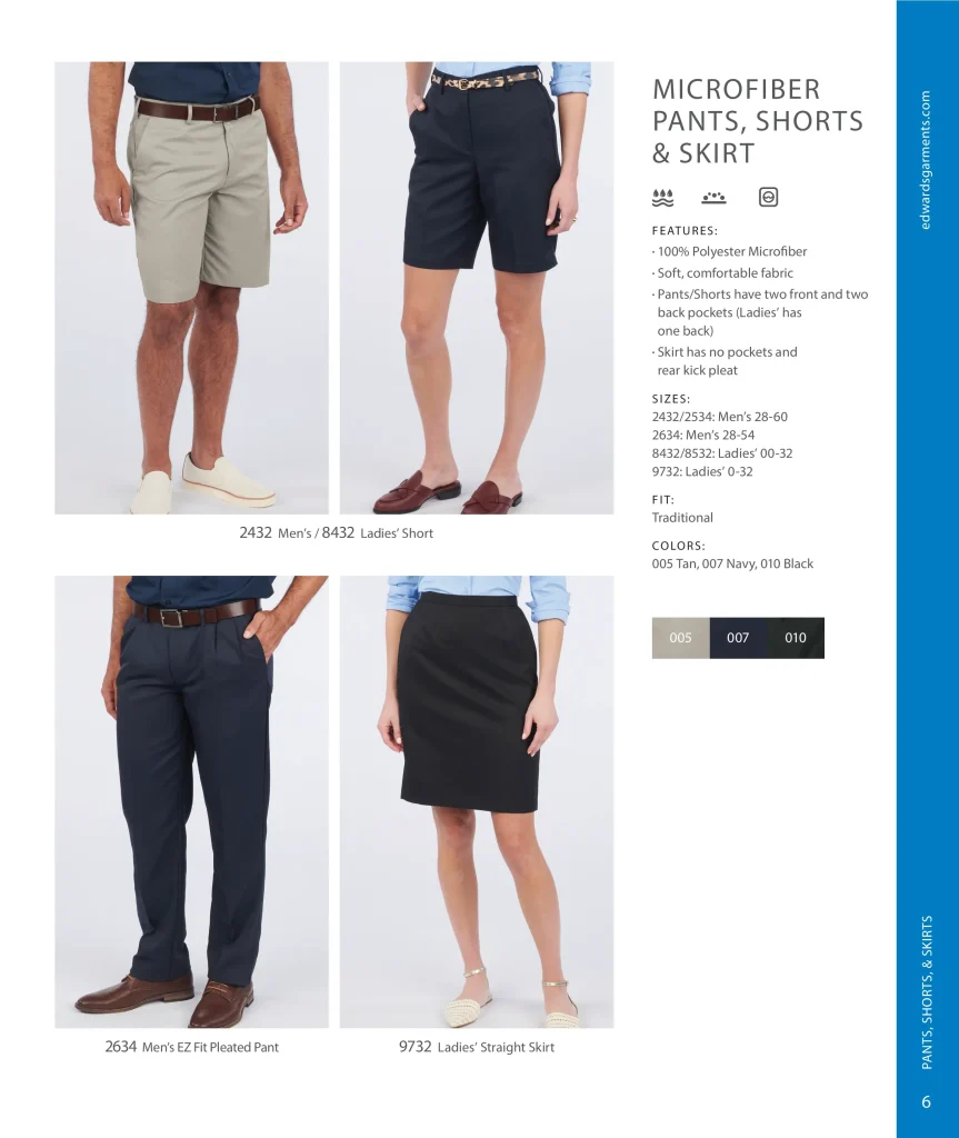 Edwards Microfiber Pants, Shorts & Skirt: shorts 2432 and 8432, pleated pant 2634 and straight skirt 9732