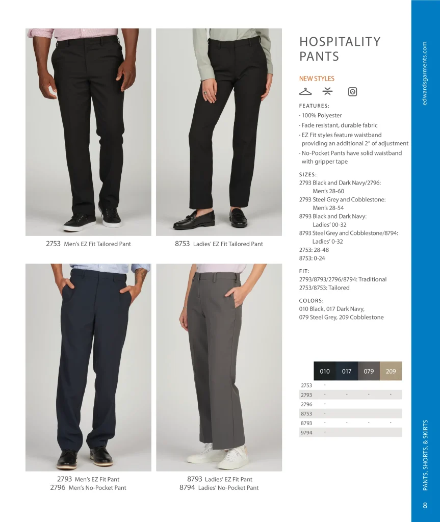 Edwards Hospitality Pants: men's and ladies' EZ Fit, EZ Fit tailored and no-pocket pants 2753, 8753, 2793, 8793, 2796, 8794