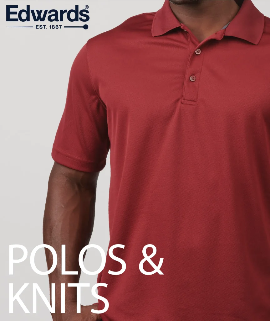 Edwards Polos & Knits catalog cover: man in a burgundy performance polo