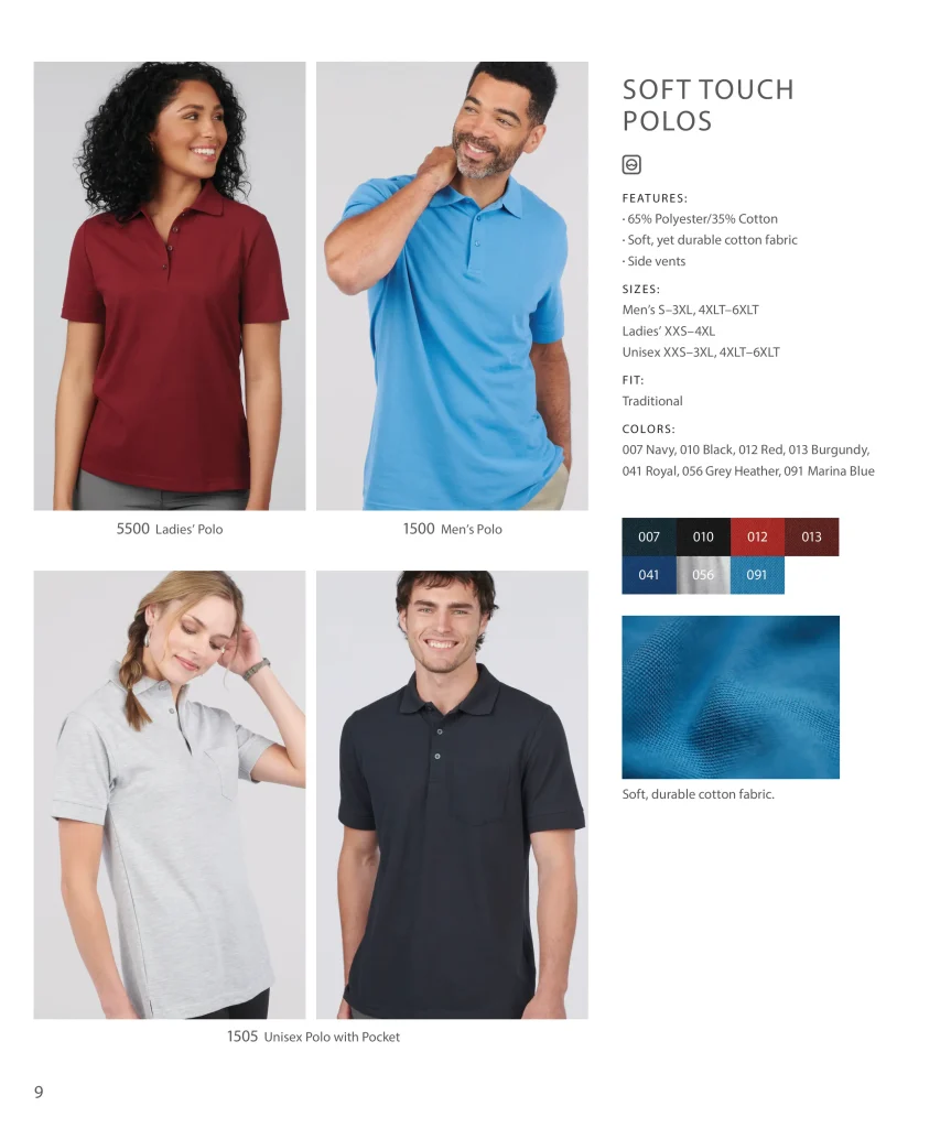 Edwards Soft Touch Polos: ladies' 5500, men's 1500 and unisex pocket polo 1505