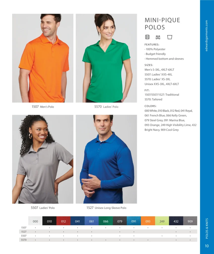Edwards Mini-Pique Polos: 1507, 5570, 5507 and long-sleeve 1527 with color chart