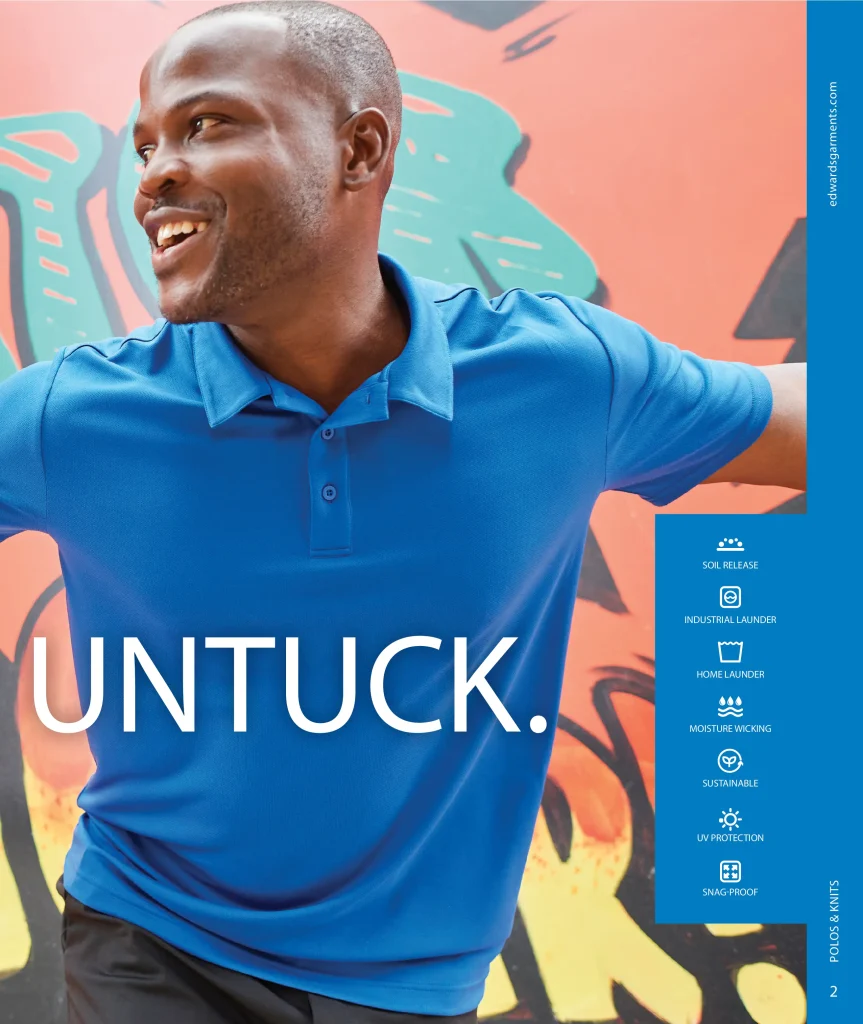 Man in a royal blue Edwards polo with fabric feature icons: soil release, industrial launder, home launder, moisture wicking, sustainable, UV protection, snag-proof