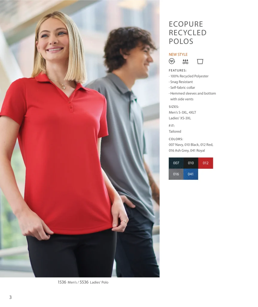 Edwards EcoPure Recycled Polos: ladies' 5536 in red and men's 1536 in ash grey