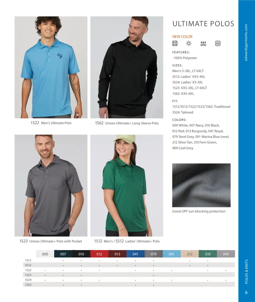 Edwards Ultimate Polos: 1522, 1562, 1523, 1512 and 5512 with color chart