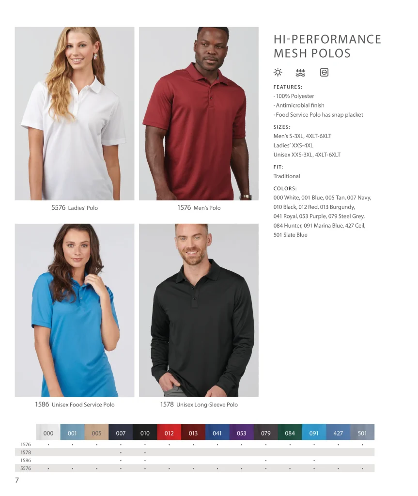 Edwards Hi-Performance Mesh Polos: 5576, 1576, food service polo 1586 and long-sleeve 1578