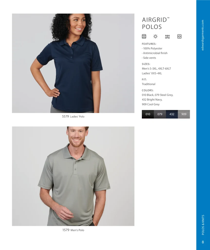 Edwards AirGrid Polos: ladies' 5579 in navy and men's 1579 in grey