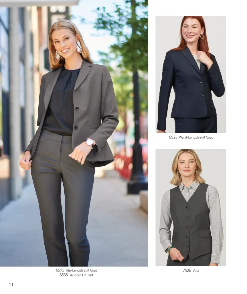 Edwards ladies’ Synergy suit coats 6525 and 6575, vest 7526 and pant 8535
