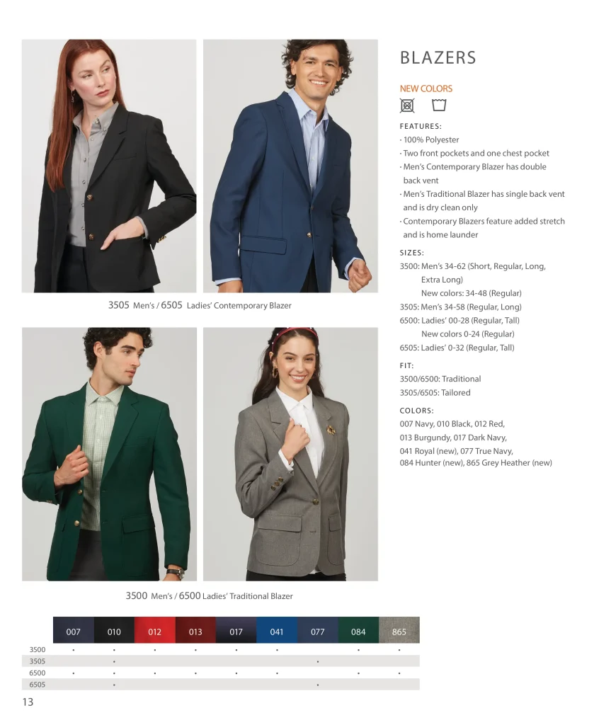 Edwards traditional and contemporary blazers 3500, 3505, 6500, 6505 with color chart