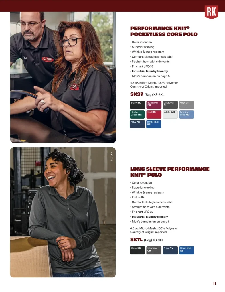 Red Kap women’s Pocketless Core Polo and Long Sleeve Polo, SK97 and SK7L