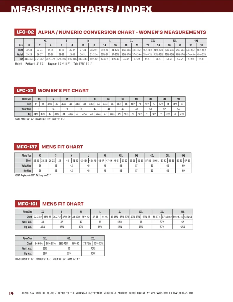 Red Kap polo fit charts and size guide