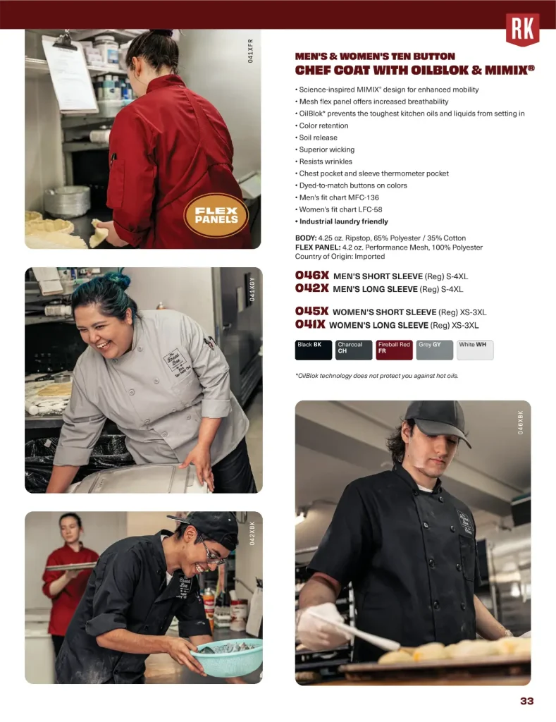 Red Kap ten button chef coat with OilBlok and MIMIX, 046X, 042X, 045X and 041X