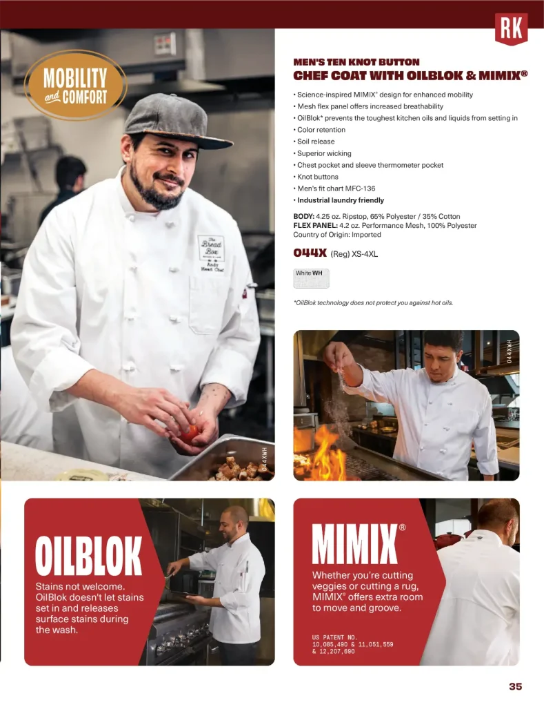 Red Kap ten knot button chef coat with OilBlok and MIMIX, 044X
