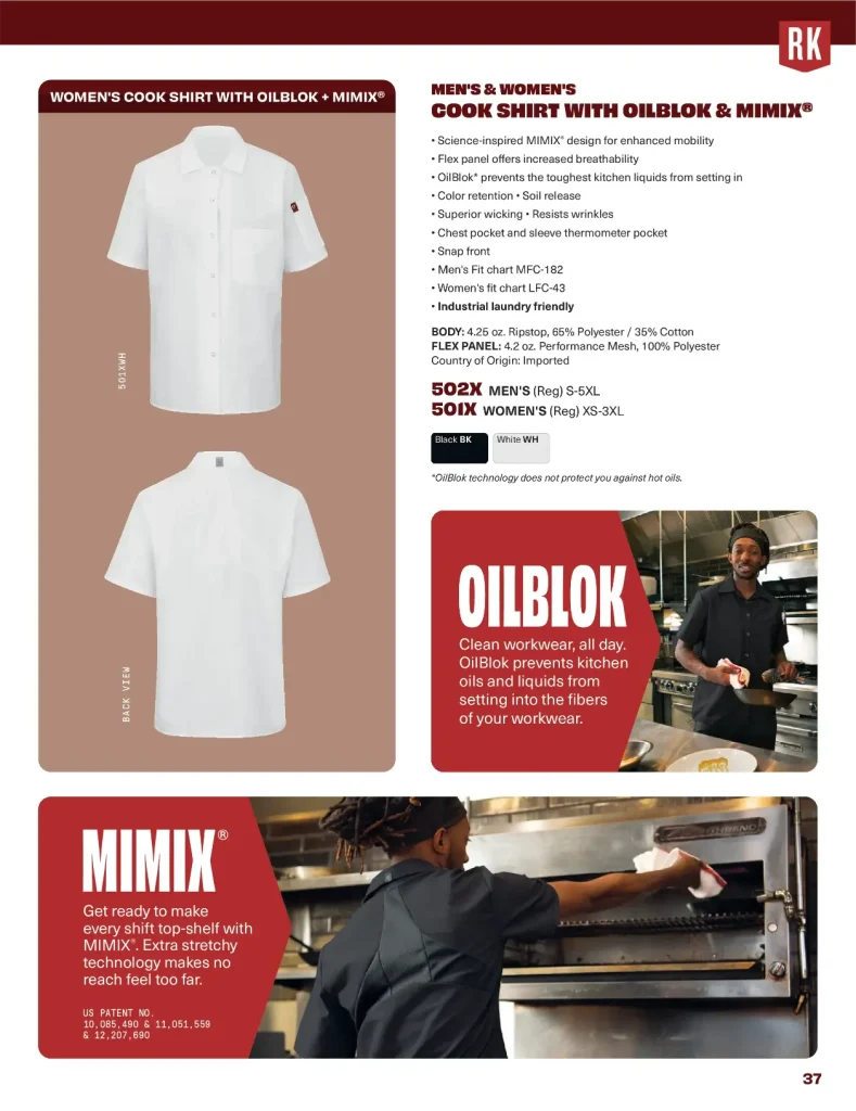Red Kap cook shirt with OilBlok and MIMIX, 502X and 501X