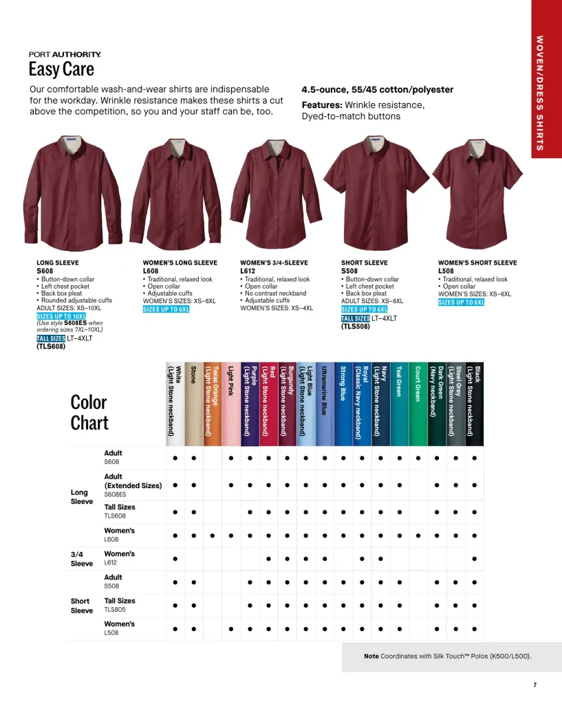 Essentials Easy Care Shirts – SKUs S608, L608, L612, S508, L508, TLS608, TLS508