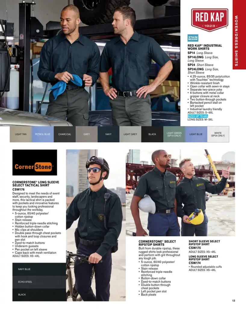 Essentials Red Kap Industrial Work Shirts – SKUs SP14, SP14LONG, SP24, SP24LONG, CSW174, CSW175, CSW176