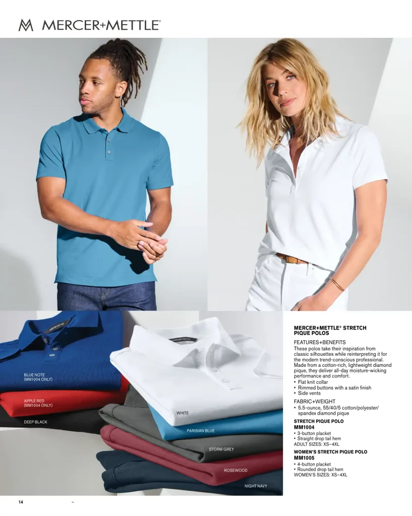 Essentials Mercer Mettle Stretch Pique Polos – SKUs MM1004, MM1005