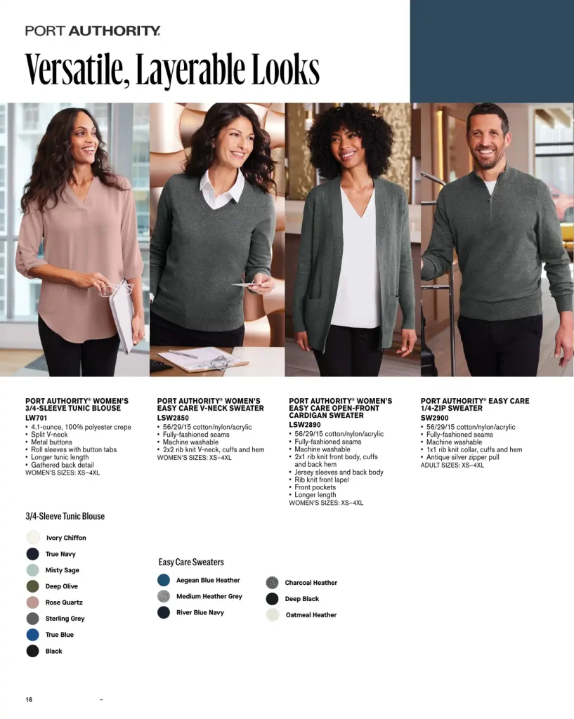 Essentials Port Authority Tunic Blouse And Easy Care Sweaters – SKUs LW701, LSW2850, LSW2890, SW2900