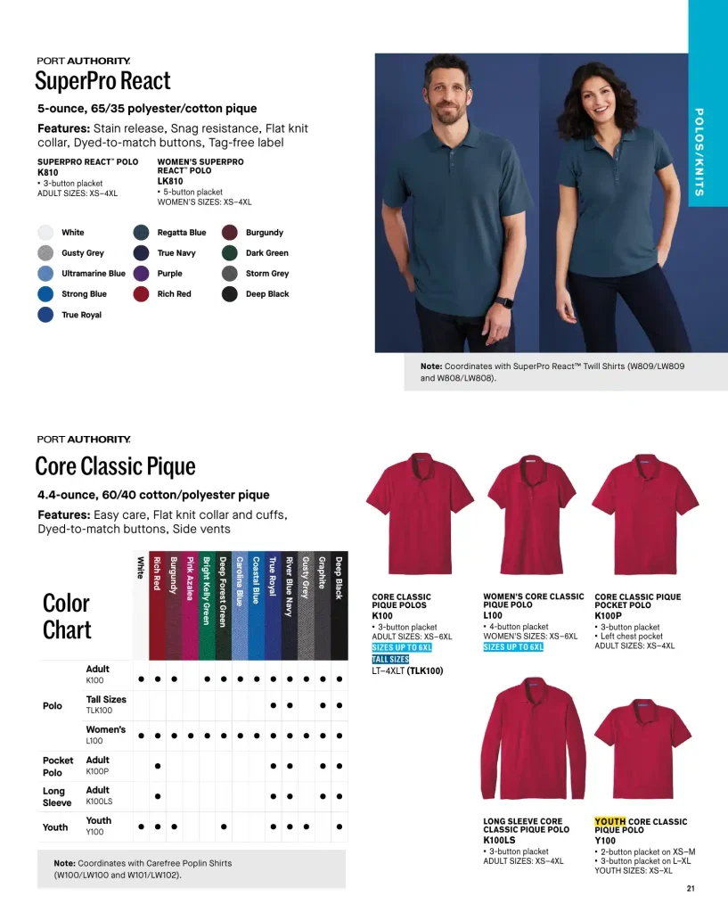 Essentials Superpro React Pique Polos – SKUs K810, LK810, K100, L100, K100P, K100LS, TLK100, Y100